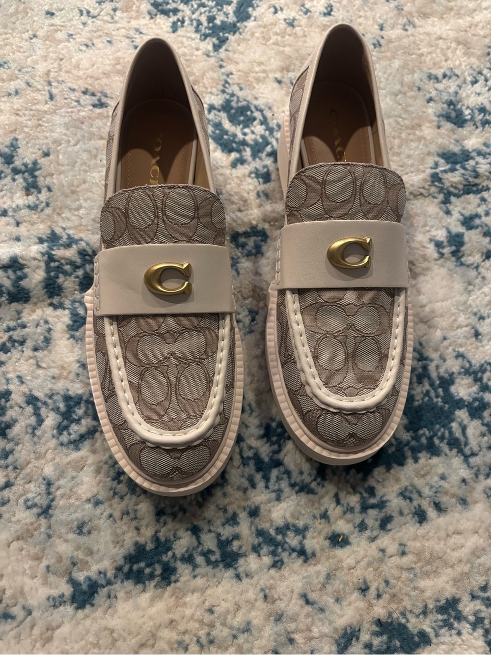 Coach Signature Canvas Penny Loafers in Beige & White with Gold Accent